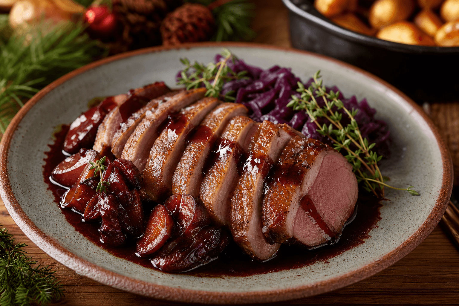 Andesteg med port og hvidvin i sauce — serveret ret