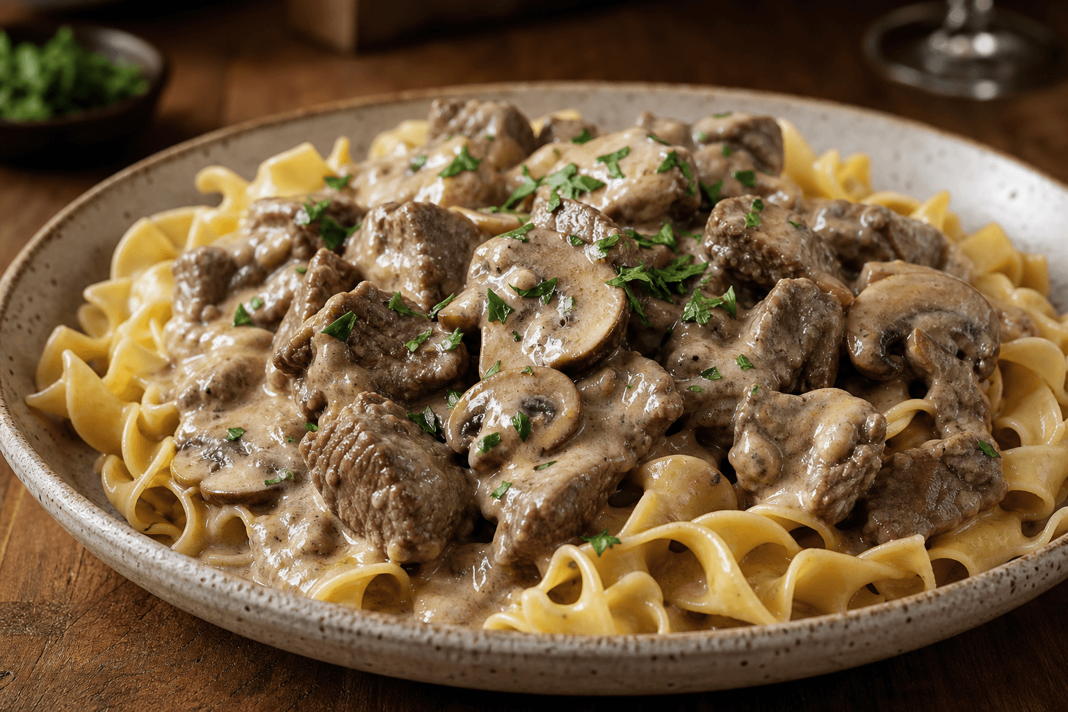 Boeuf stroganoff med hvidvin — serveret ret