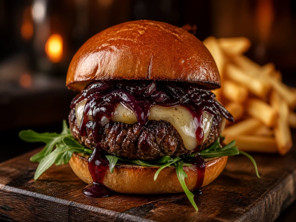 Burger med rødvinsglace — serveret ret