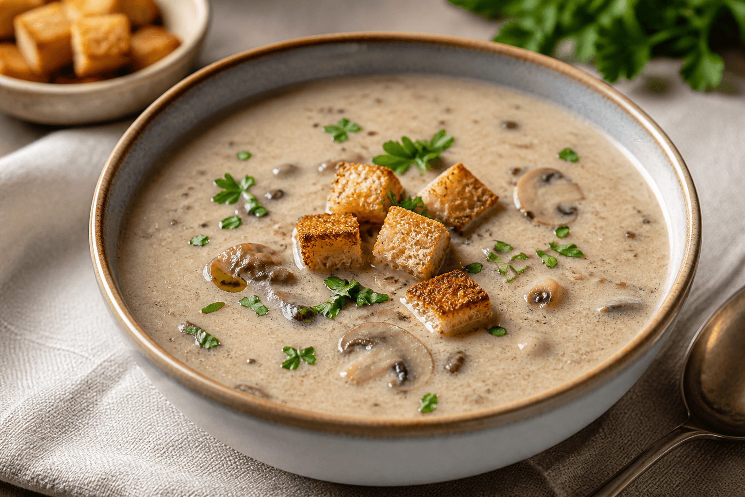 Champignonsuppe med hvidvin — serveret ret
