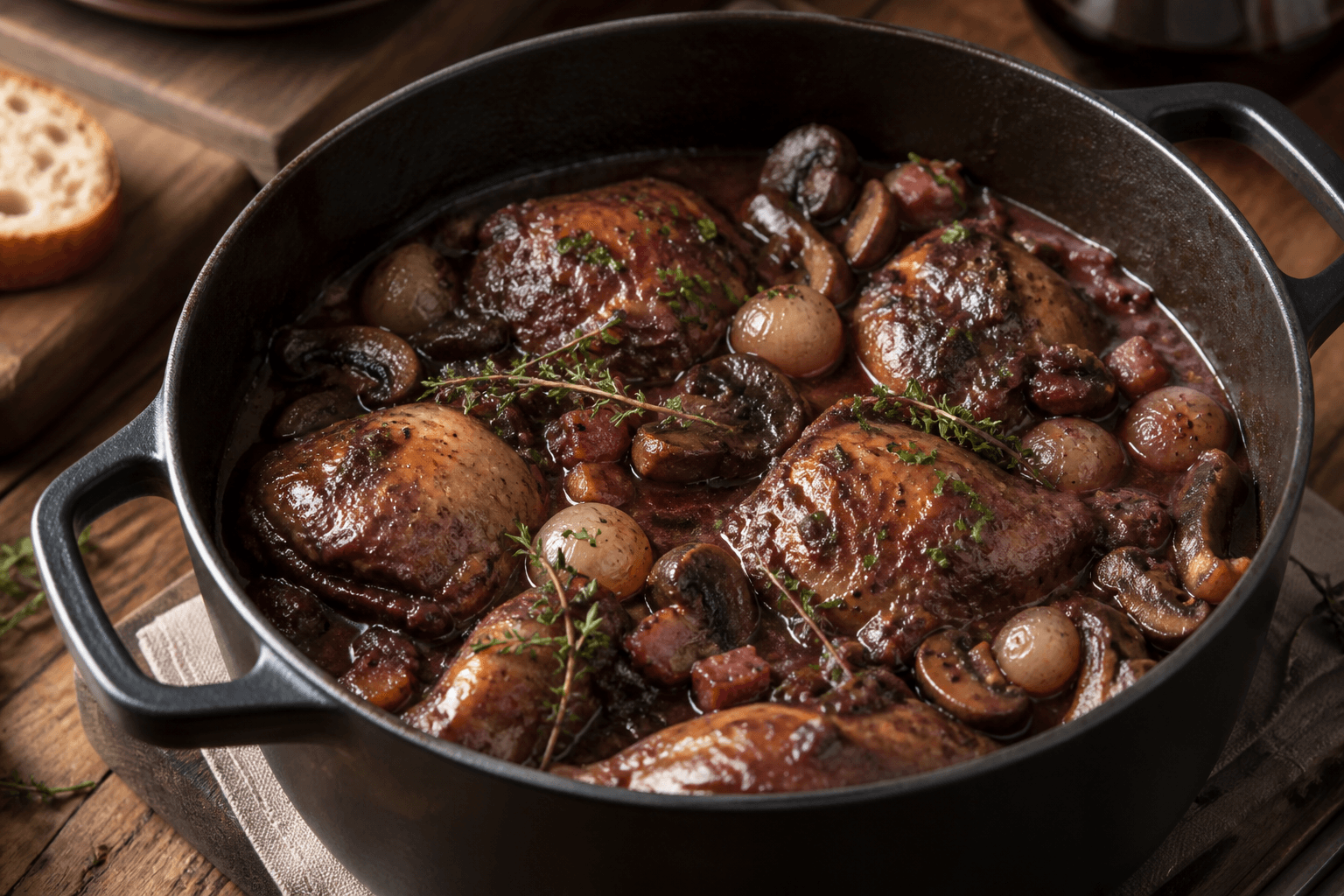 Coq au vin — serveret ret