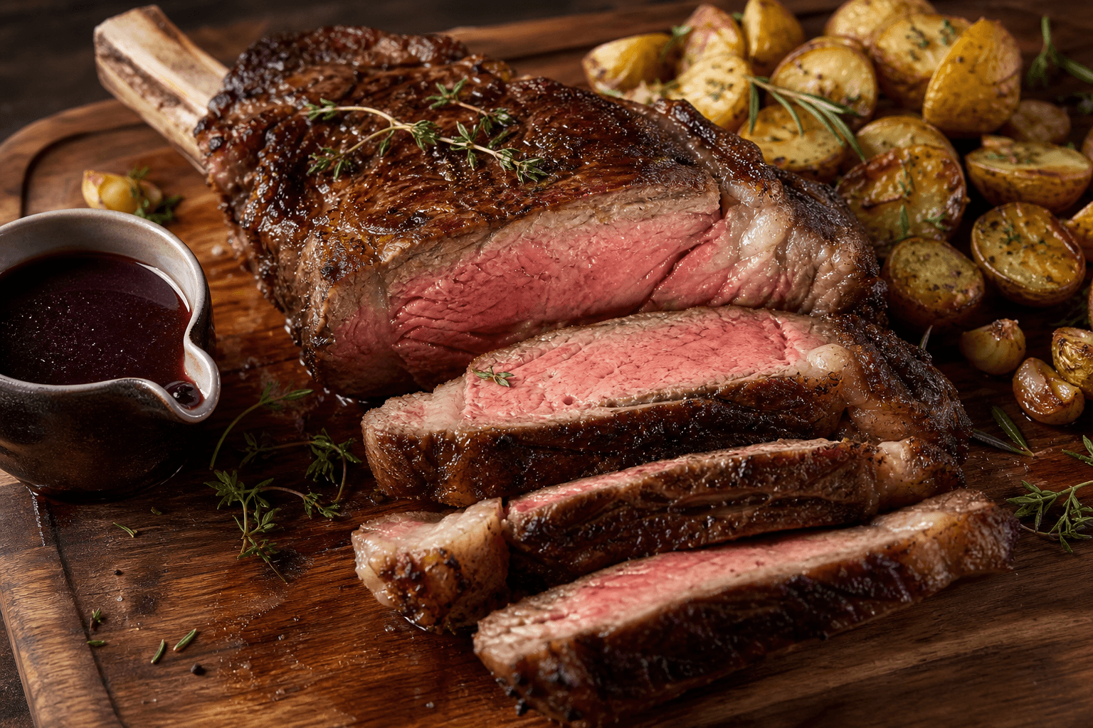 Côte de bœuf med rødvin — serveret ret