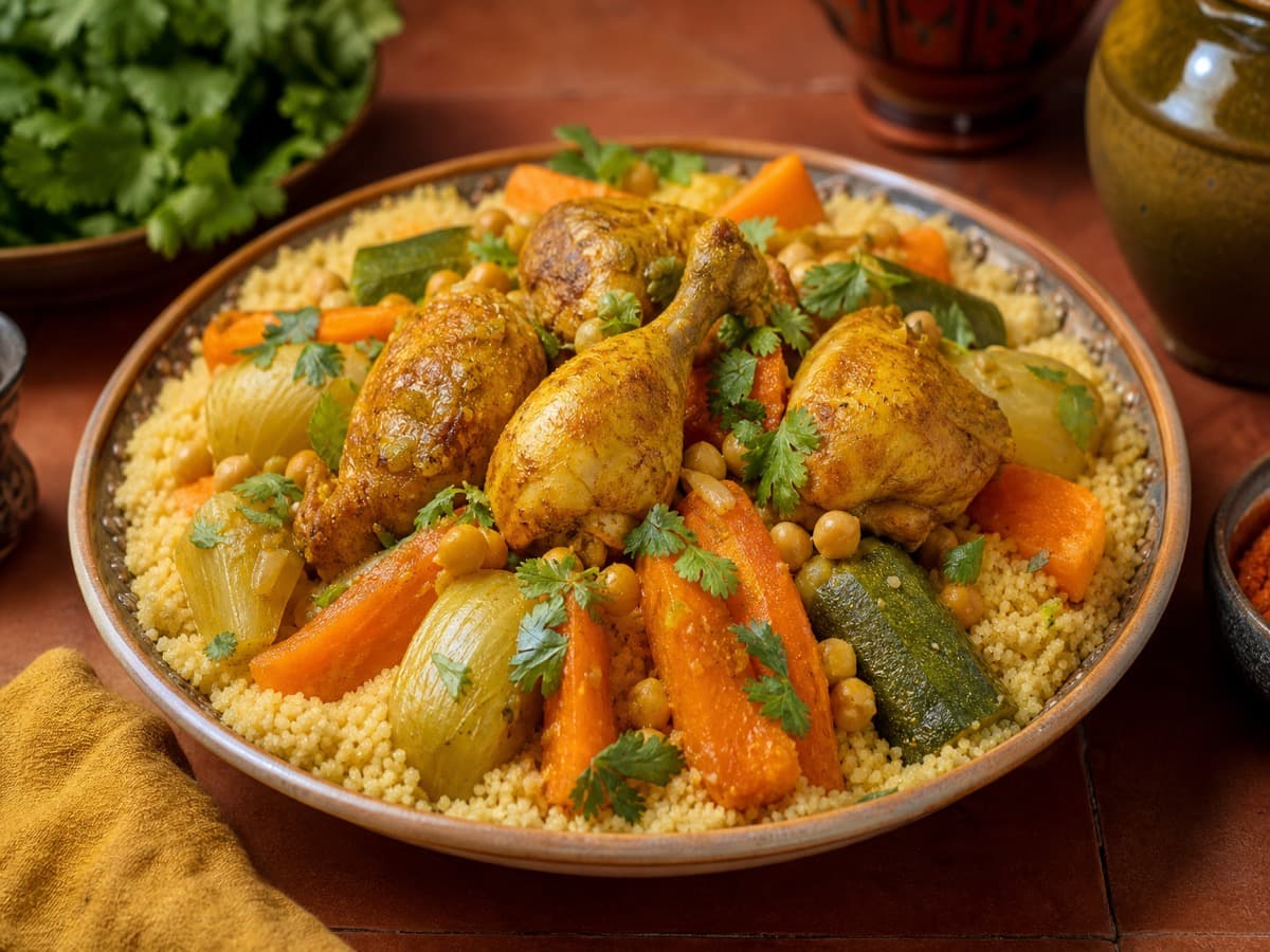 Couscous med kylling og hvidvin — serveret ret