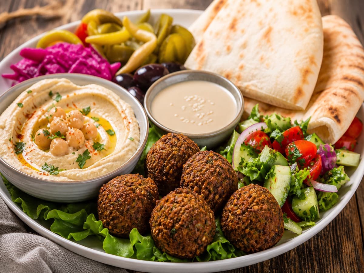 Falafel-tallerken med hvidvin — serveret ret