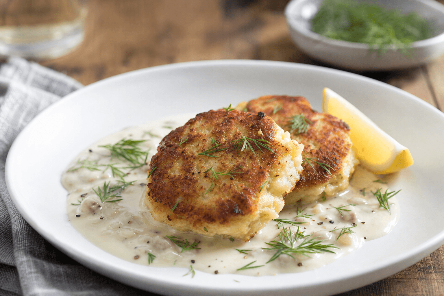 Fiskefrikadeller i hvidvinsauce — serveret ret