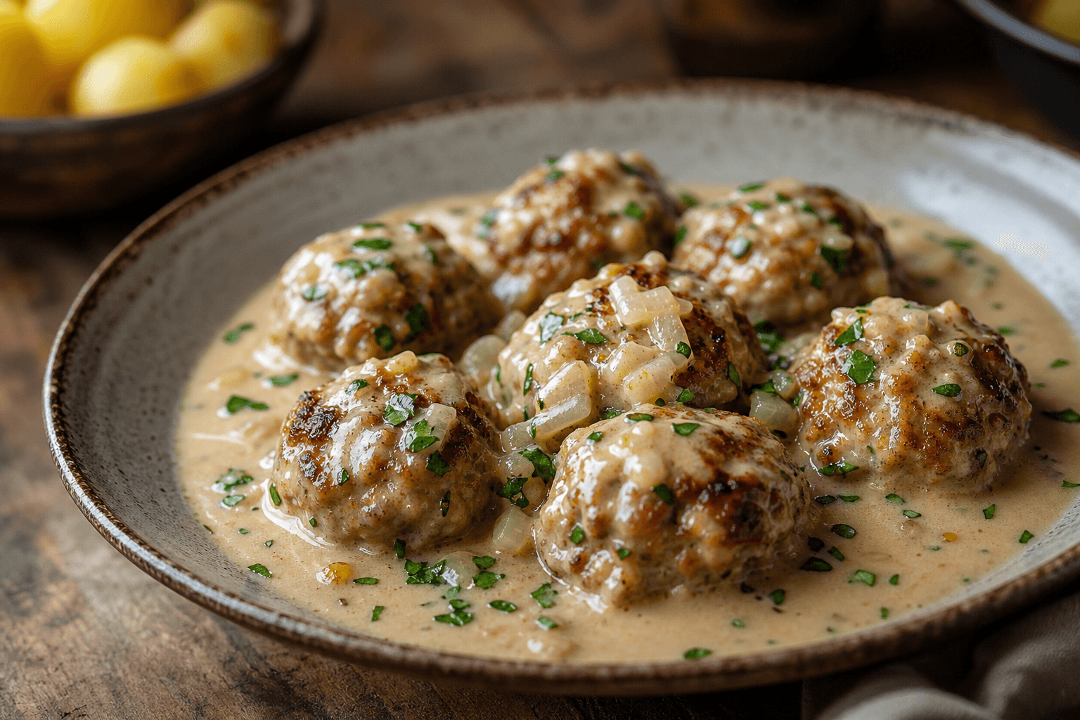 Frikadeller i hvidvinsauce — serveret ret
