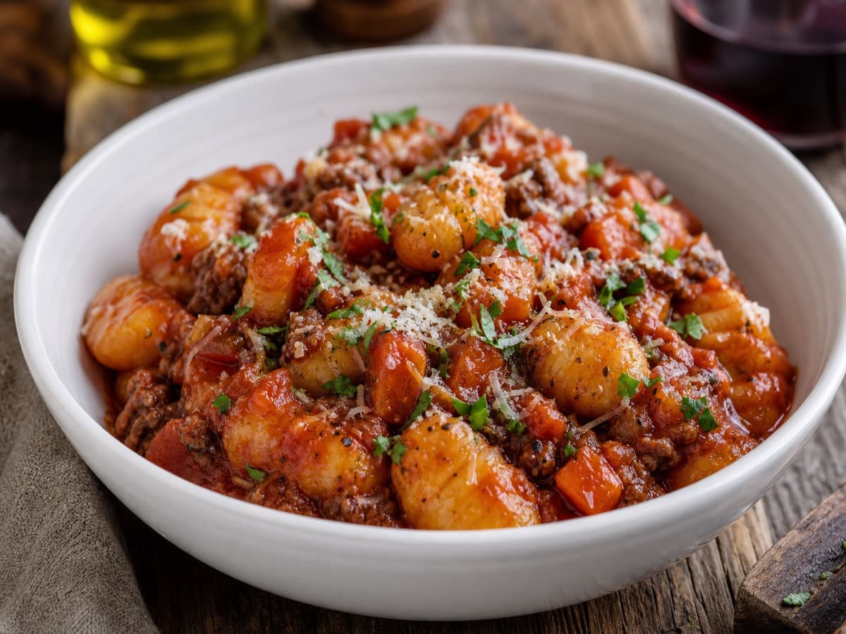 Gnocchi i rødvinsauce — serveret ret