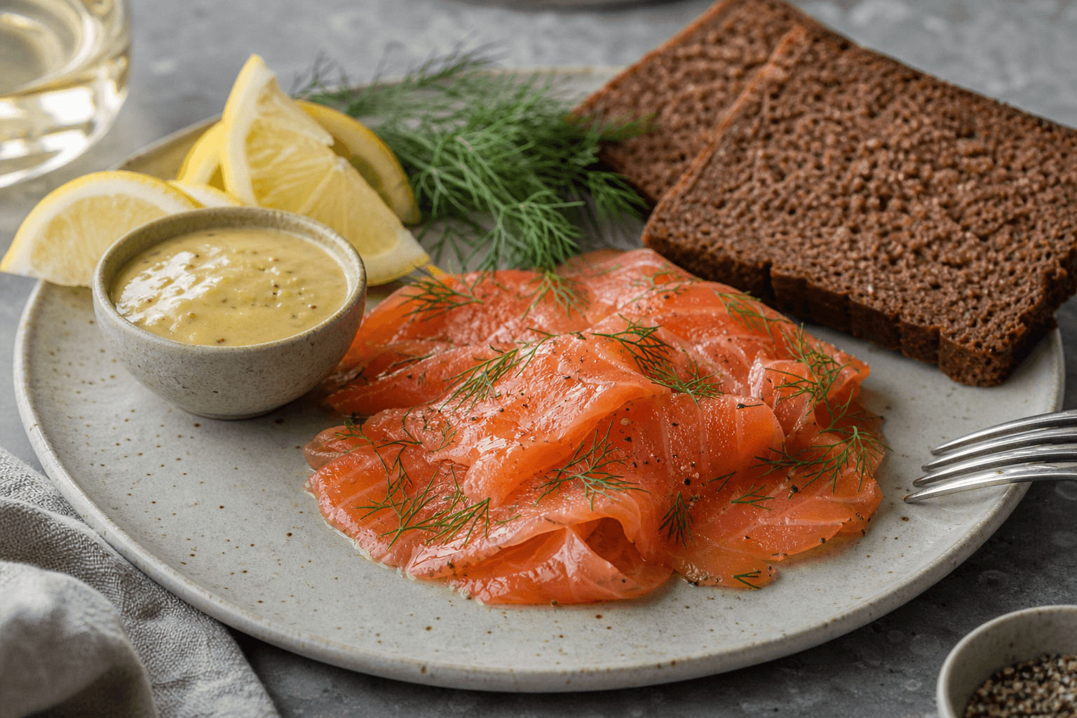 Gravad laks med hvidvin — serveret ret