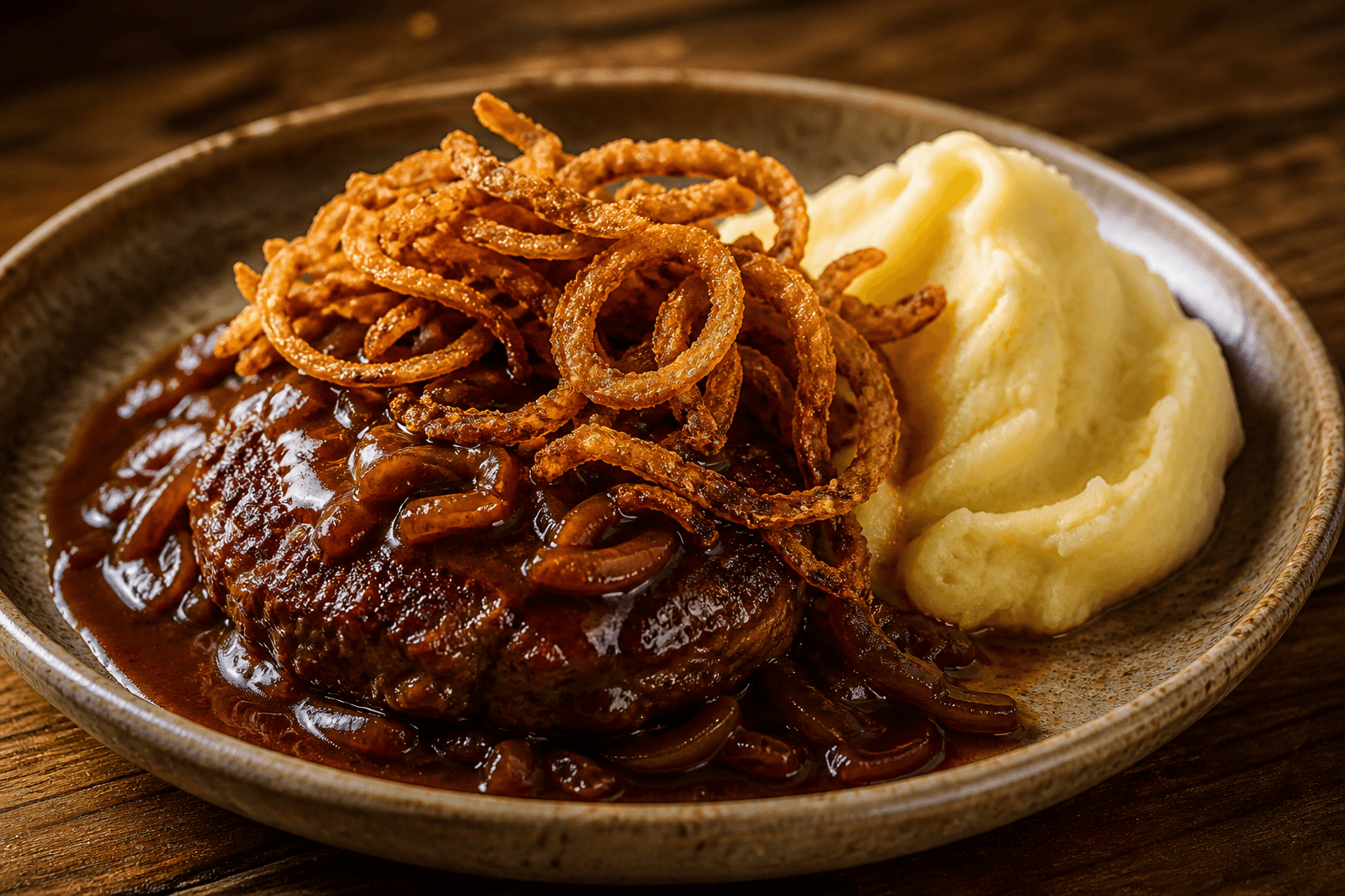 Hakkebøf i rødvinssauce — serveret ret