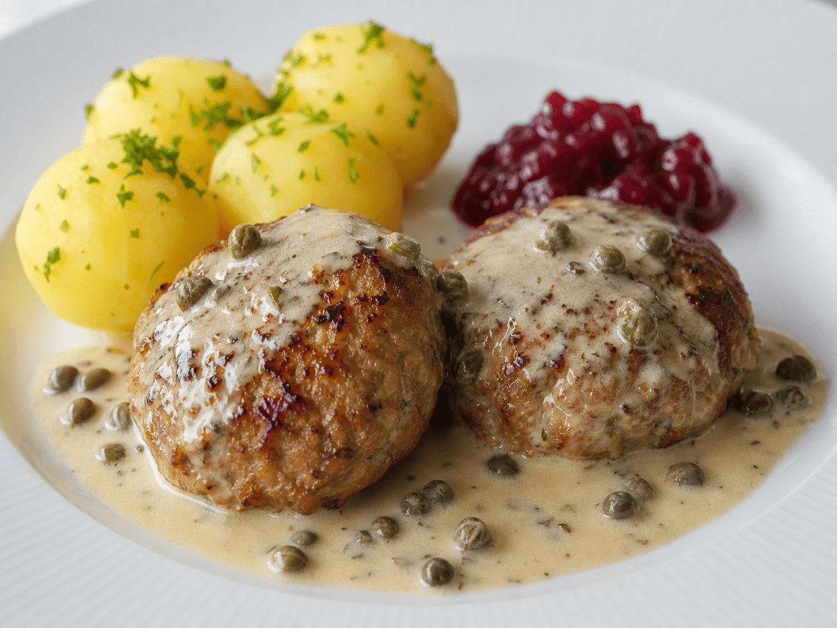 Karbonader i hvidvinsauce — serveret ret