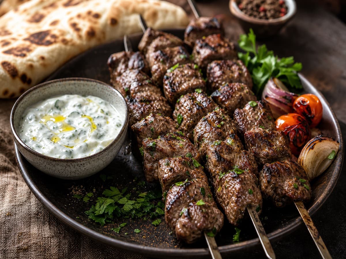 Kebab-spyd med rødvin — serveret ret