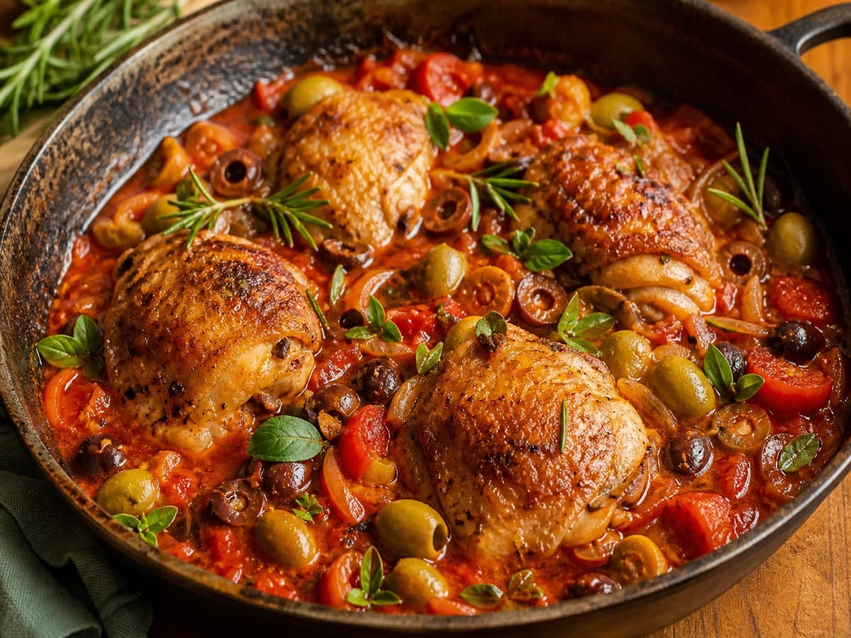 Kylling cacciatore med rødvin — serveret ret