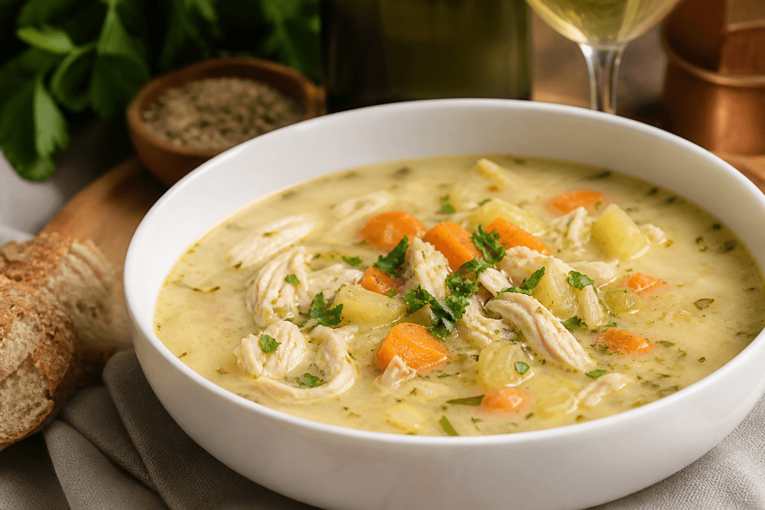 Kyllingesuppe med hvidvin — serveret ret
