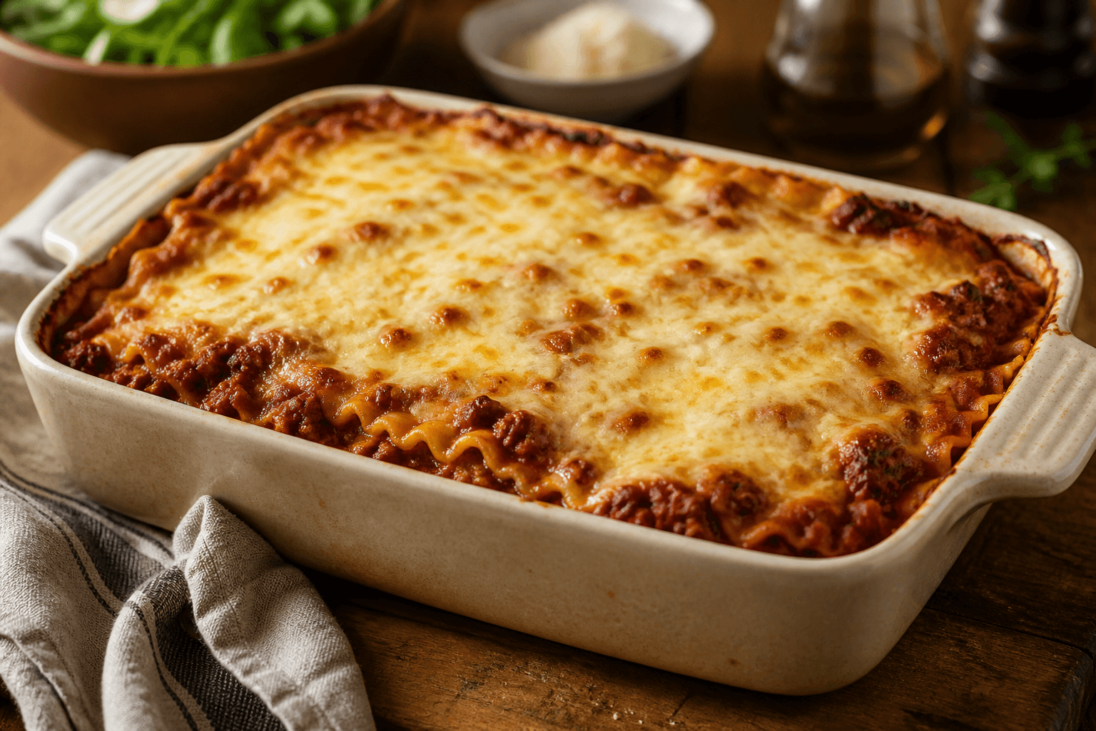 Lasagne med rødvin i kødsovs — serveret ret
