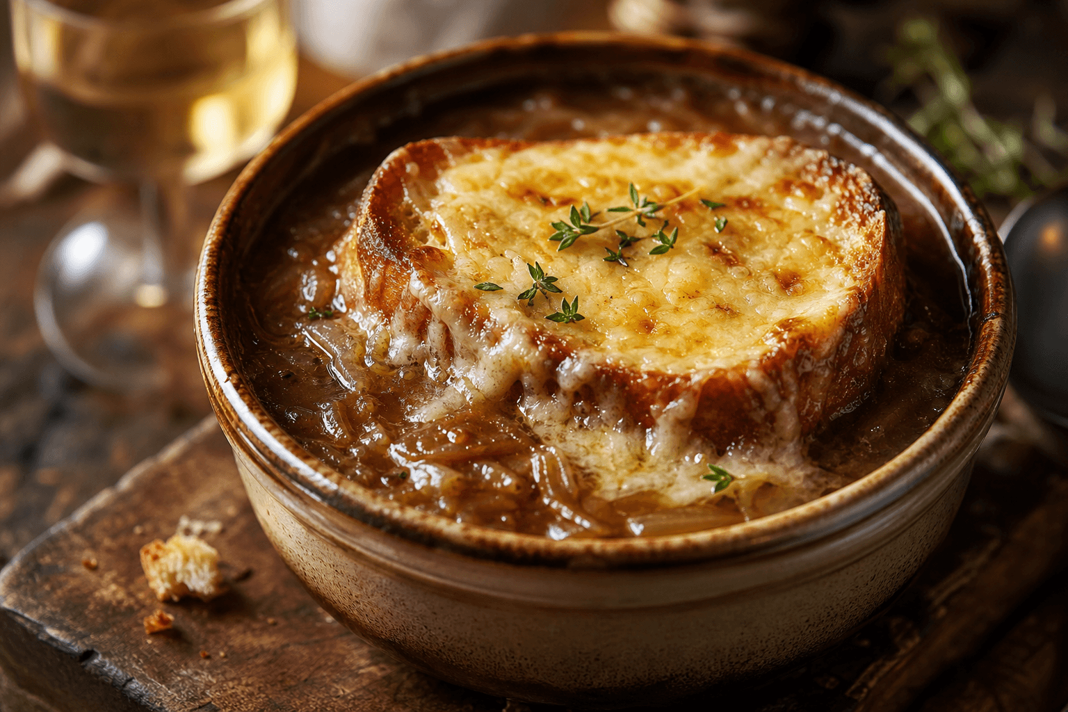Løgsuppe med hvidvin — serveret ret