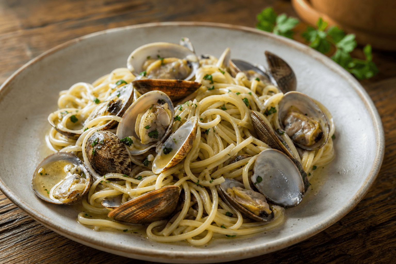 Pasta vongole med hvidvin — serveret ret