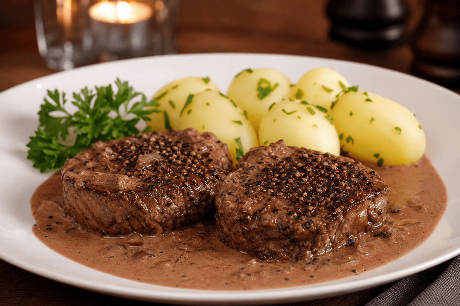 Peberbøf med rødvinsauce — serveret ret