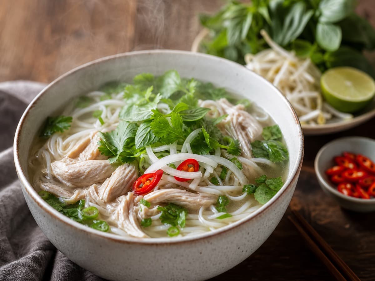Pho med kylling og hvidvin — serveret ret