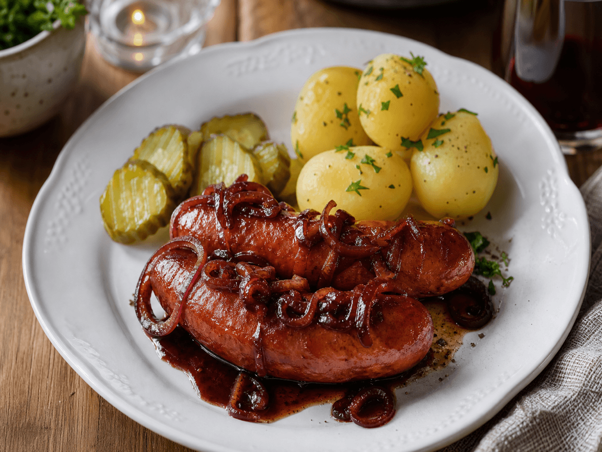 Pølser i rødvinsglace — serveret ret