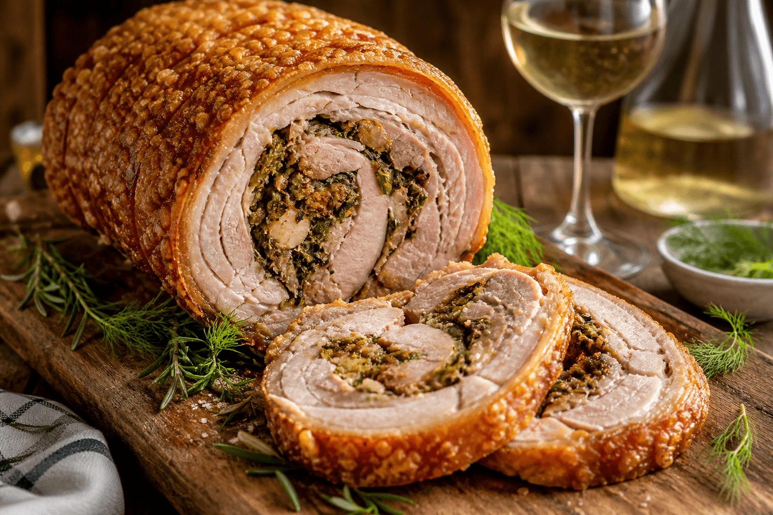 Porchetta med hvidvin — serveret ret