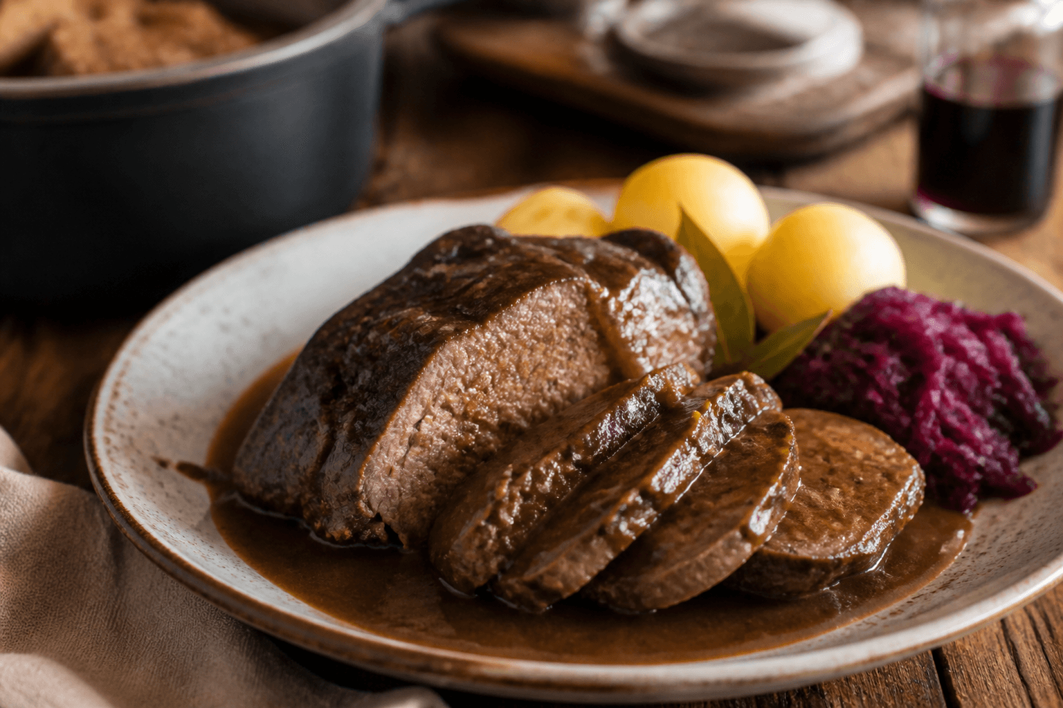 Sauerbraten med rødvin — serveret ret