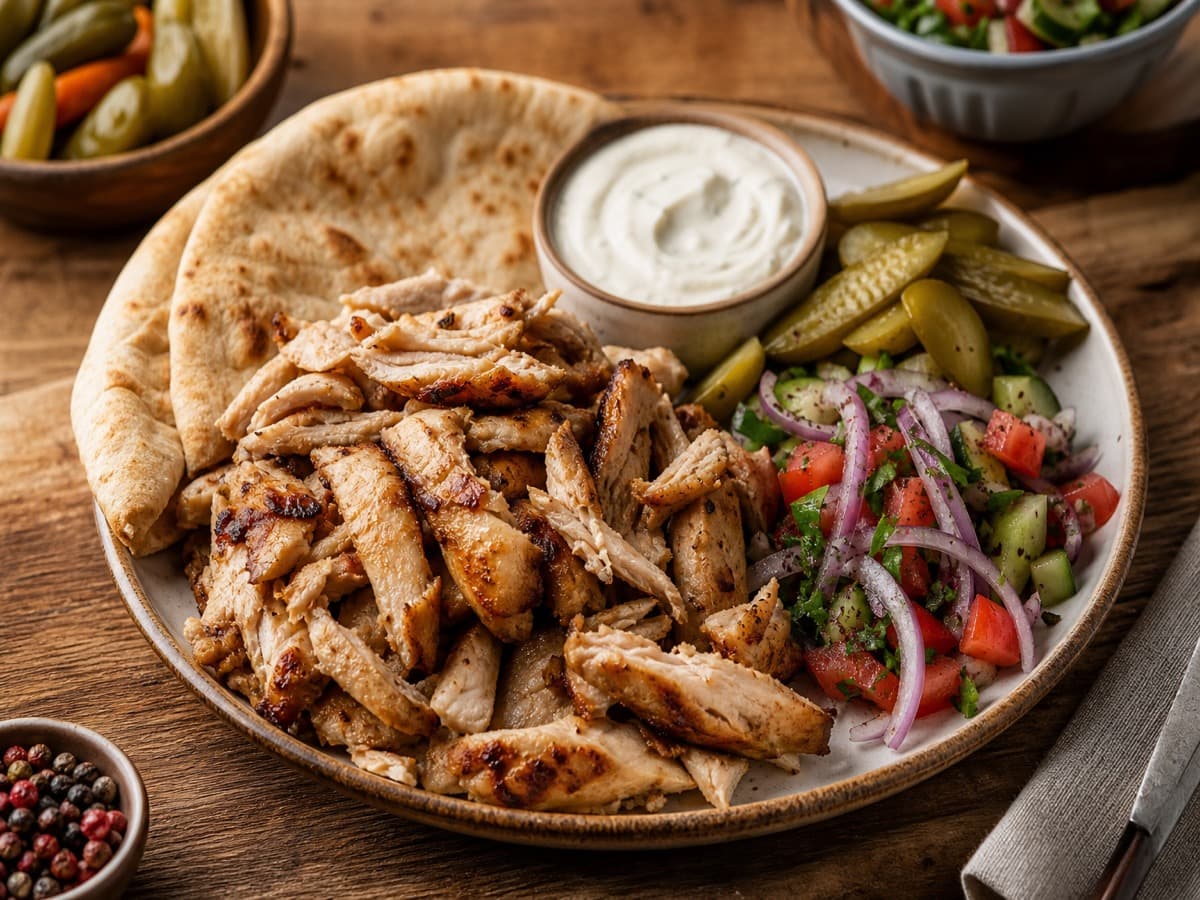 Shawarma-kylling med hvidvin — serveret ret