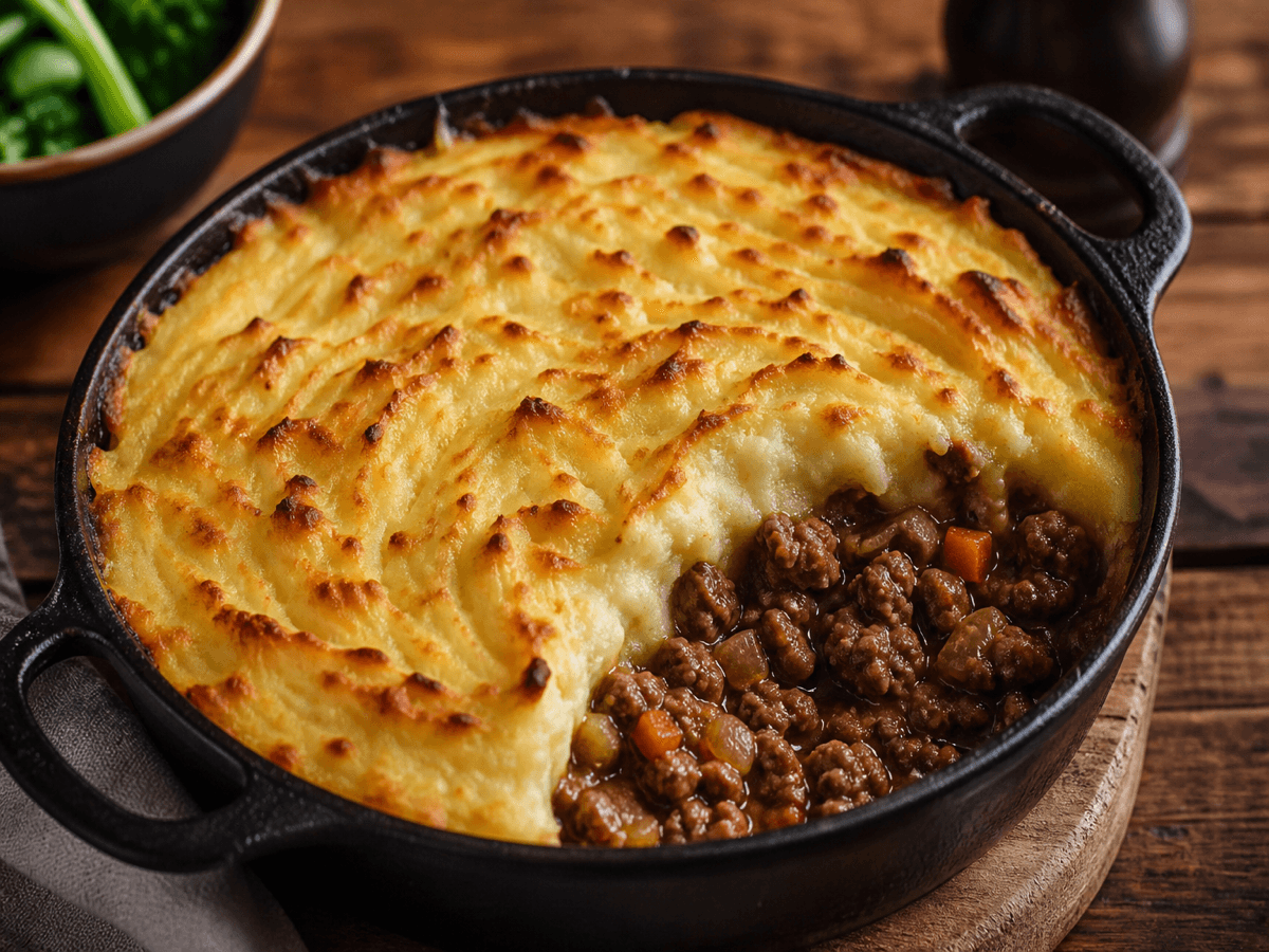 Shepherd's pie med rødvin — serveret ret