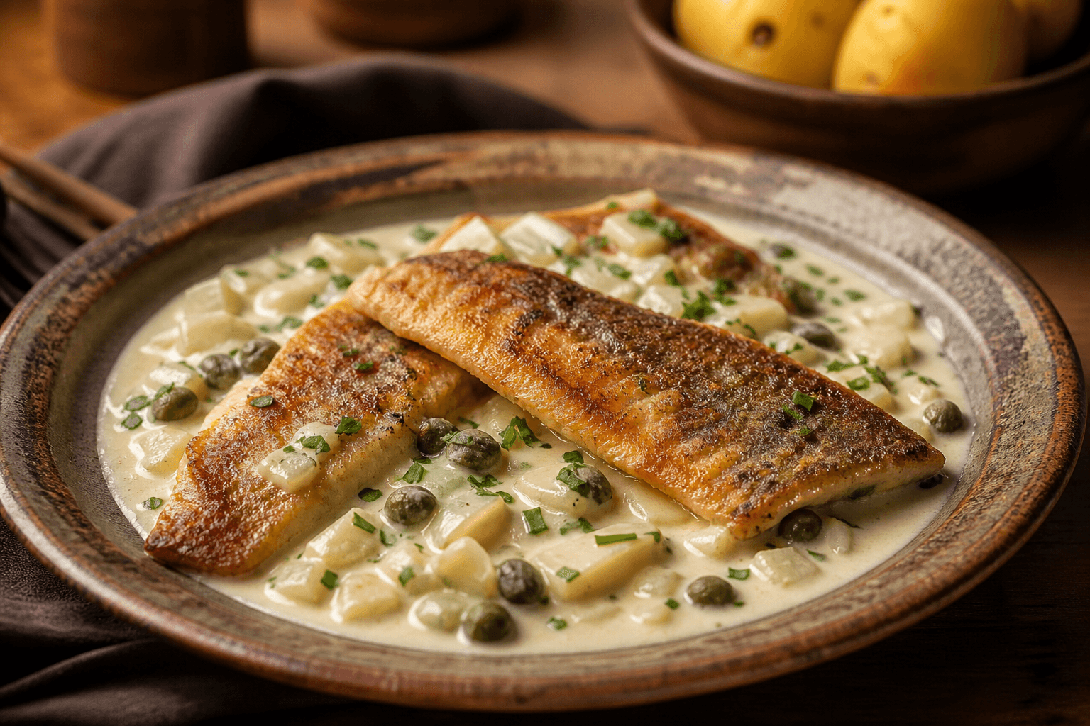 Stegte sild i hvidvin — serveret ret