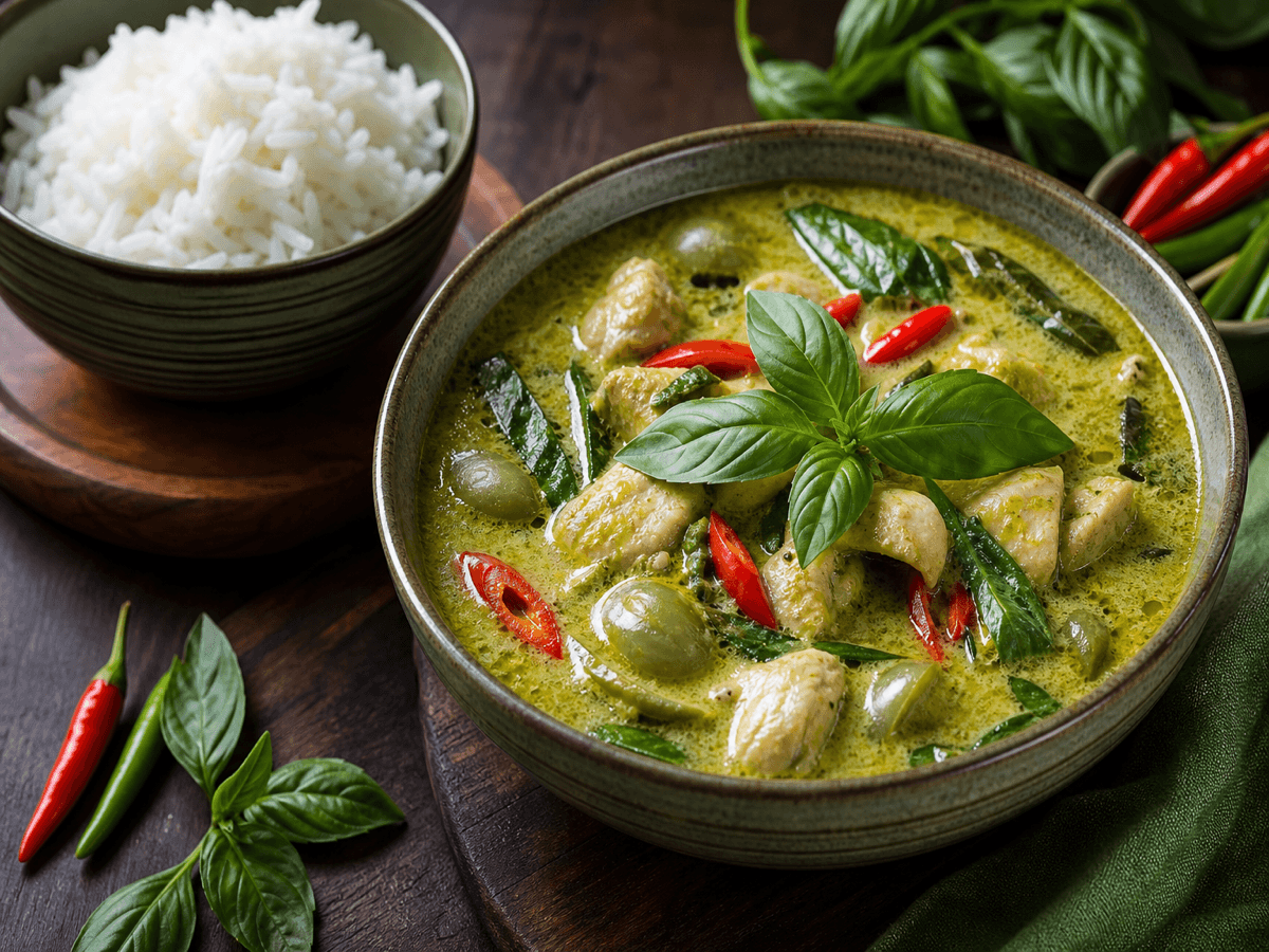 Thai grøn karry med hvidvin — serveret ret