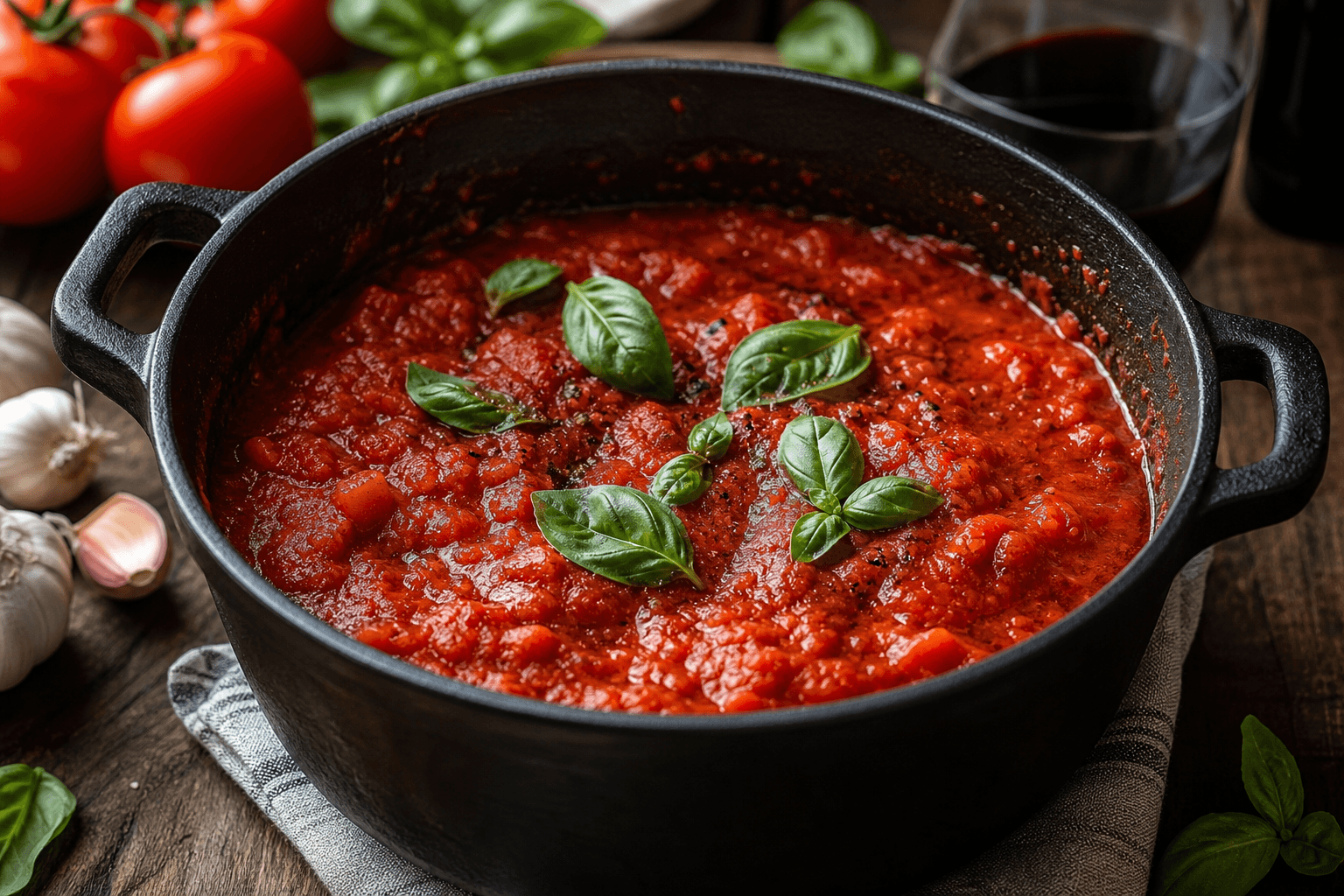 Tomatsauce med rødvin til pizza og pasta — serveret ret