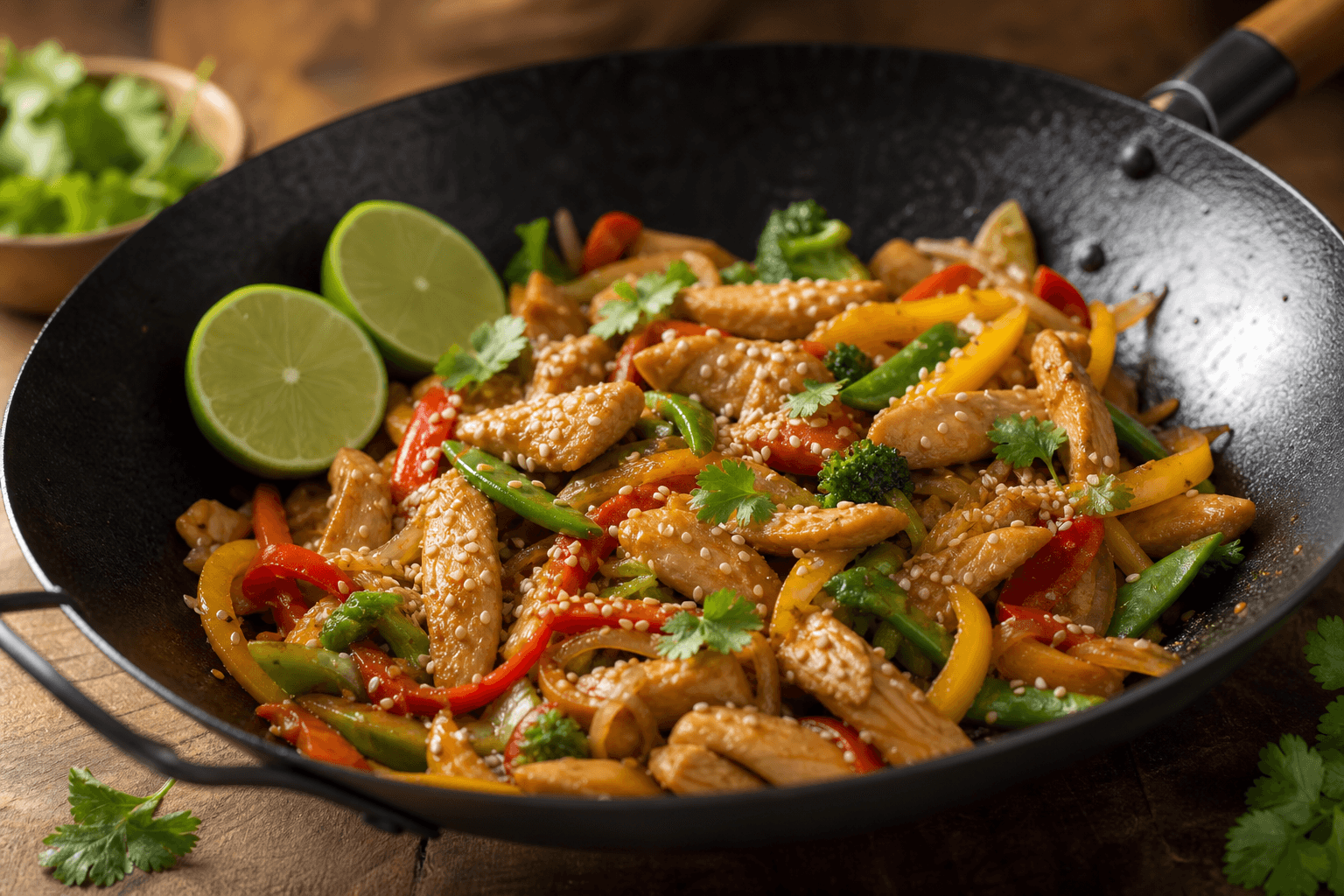 Wok-kylling med hvidvin — serveret ret